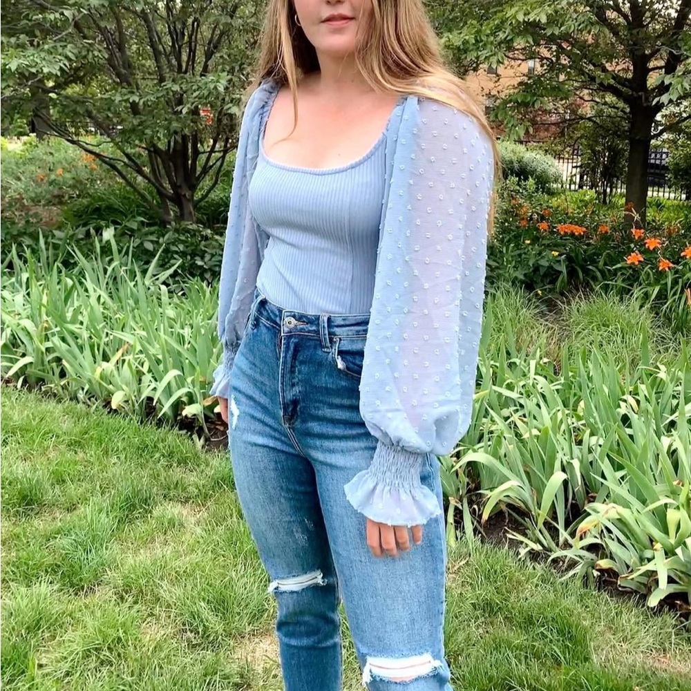 Women's Blue Sheer Sleeve Bodysuit